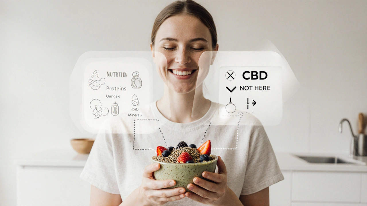 Osoba pije smoothie s konopnými semínky, s přehledem výživy vs. CBD jako průhlednou vrstvou