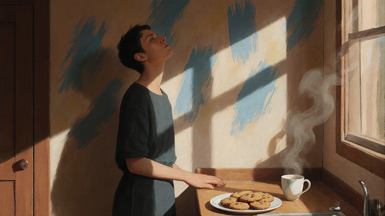 Osoba se dívá na zeď, kde se stíny pohybují jako živé barvy, v kuchyni je talíř s cookies a šálek čaje.