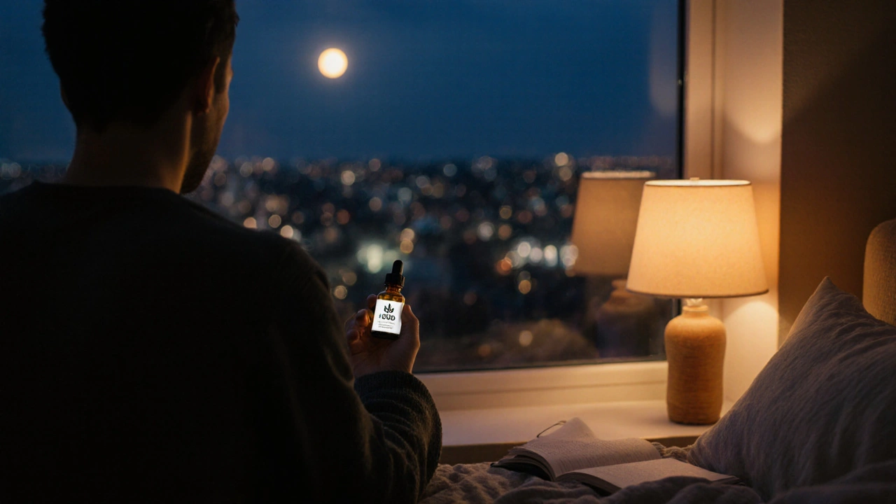 Osoba v klidu na okně s lahvičkou H4CBD pod měsíčním světlem