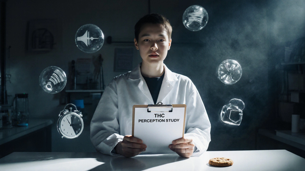 Osoba v laboratorním plášti s klinickým papírem a konopným cookies na stole, kolem ní plavou abstraktní symboly vnímání.