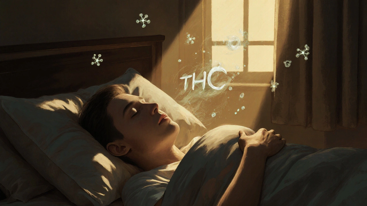 Osoba v posteli v noci, světlo z oken osvětluje její obličej, kolem ní se vznášejí subtilní světelné vlny znázorňující účinky THC.