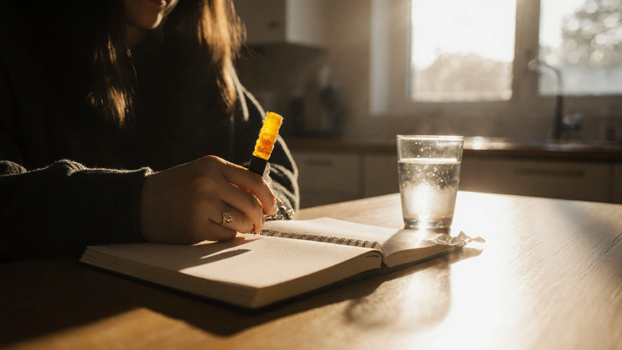 Osoba večer u stolu s CBD žvýkačkou a deníkem, symbolizující pravidelné užívání.