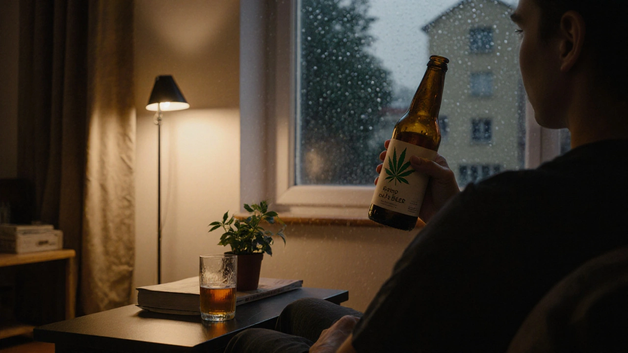 Person relaxing with hemp beer on a sofa during evening rain, peaceful atmosphere.