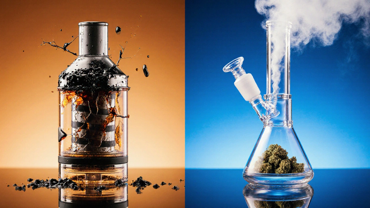 Porovnání poškozeného kartridže a bezpečného dab rigu pro crumble.