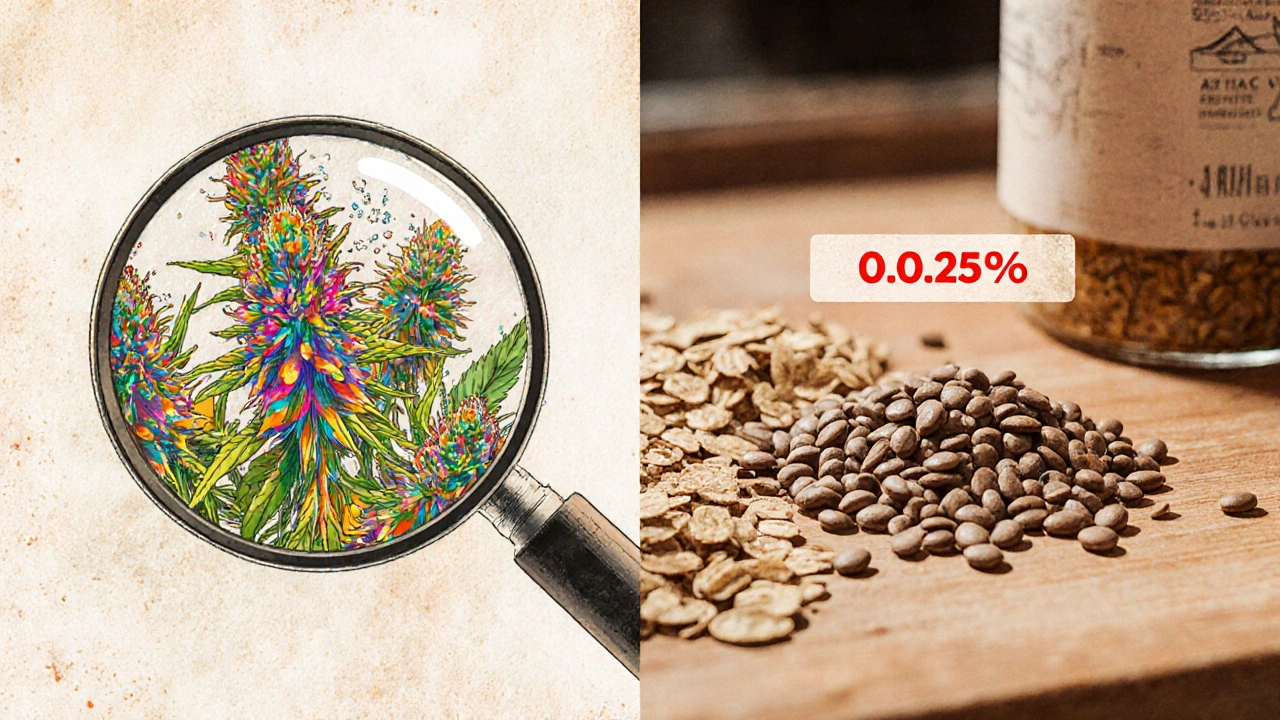 Rozdělená ilustrace konopných květů s trichomy a obyčejnými semínky s označením CBD obsahu