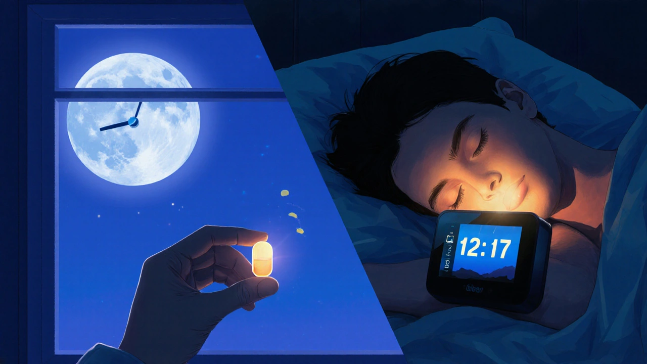 Rozdělený obrázek: osoba drží melatonin pod měsíčním světlem a spí s přirozeným východem slunce.