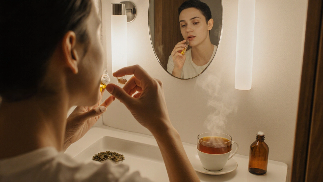 Ruka dává kapky CBN pod jazyk v odrazu zrcadla.