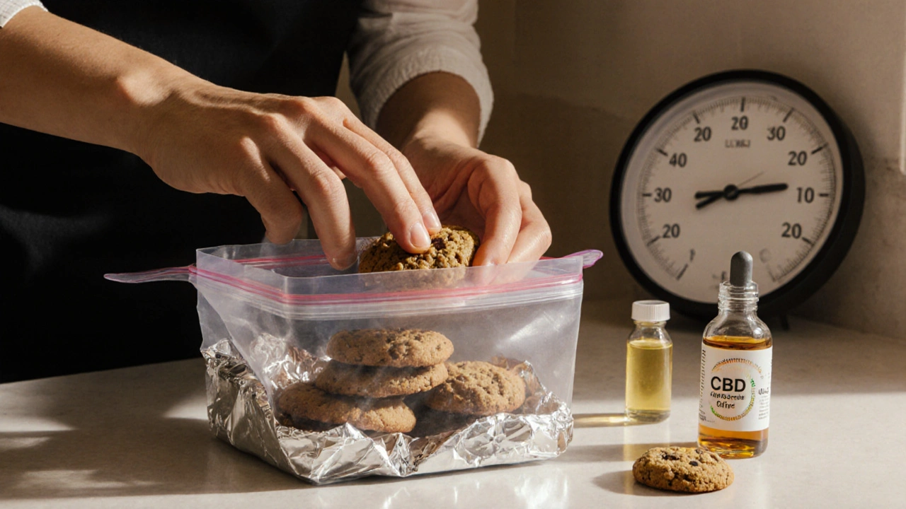 Ruky balícejí CBD sušenky do dvou vrstev obalu pro mrazák.