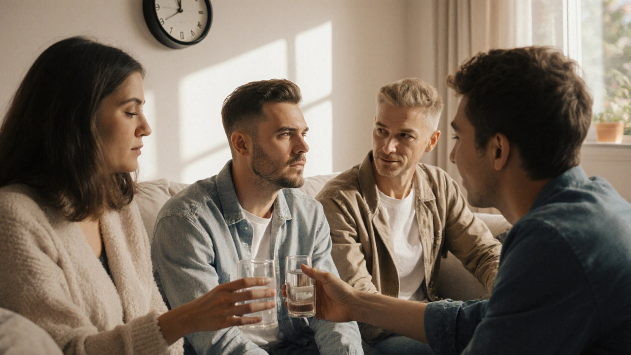 Skupina přátel spolu v klidné místnosti, jedna osoba podává druhé vodu a CBD tabletu, nikde alkohol.