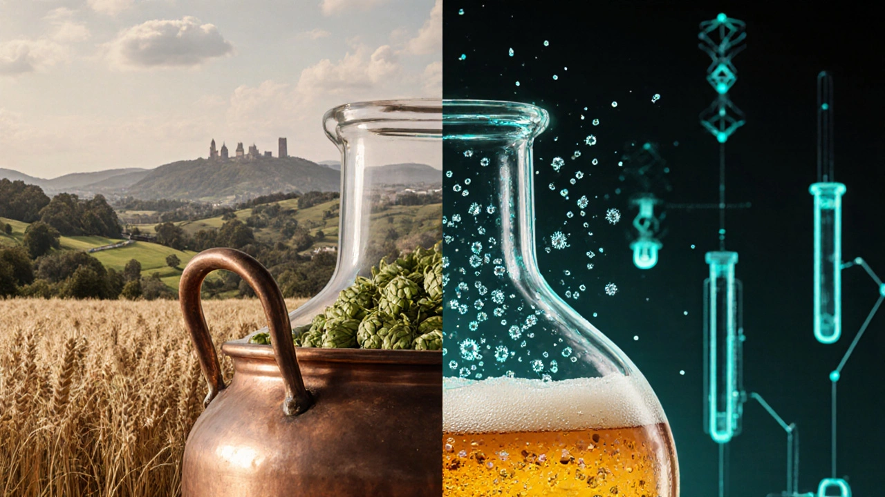 Split bottle showing traditional brewing on one side and CBD nanotechnology on the other.