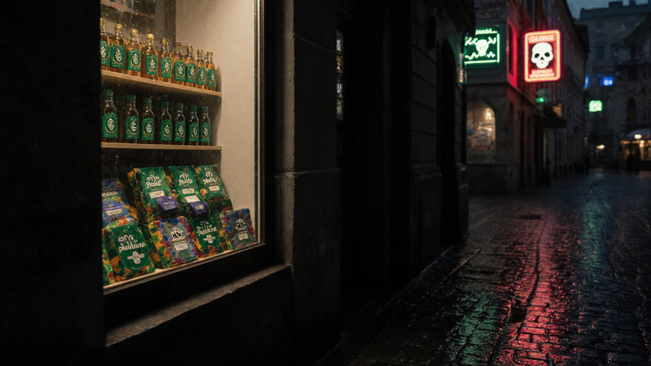 Tmavá ulice v Praze s obchodem, kde jsou na regálech Delta-8 oleje a balíčky K2 s chemickými symboly.