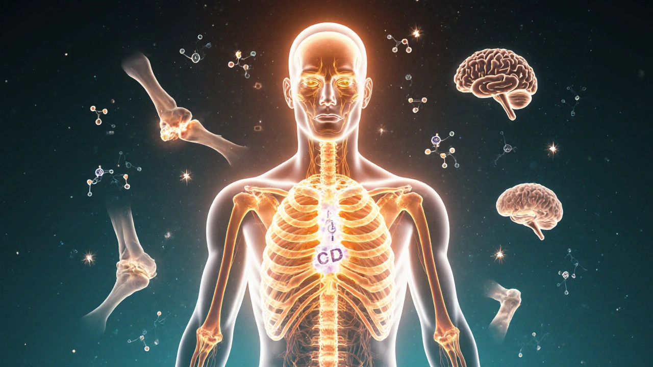 Translucenční lidské tělo s aktivním endokanabinoidním systémem a CBD molekulami.