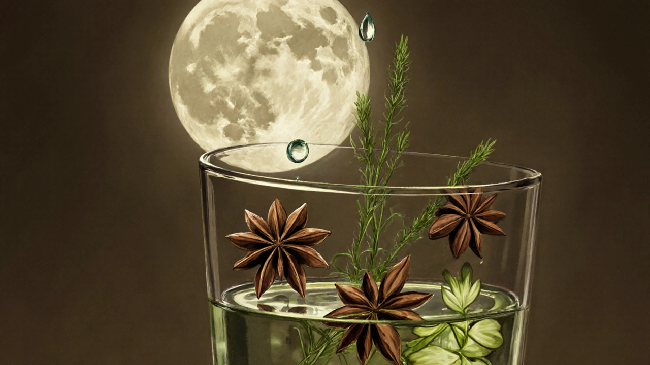 Tři byliny — arťošek, anýz a fenukl — plavající v sklenici absintu s kapkou vody.