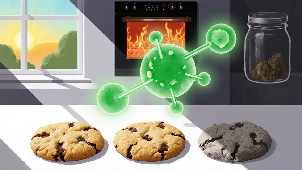 Tři CBD sušenky v různých stádiích stárnutí s rozkládající se molekulou CBD.