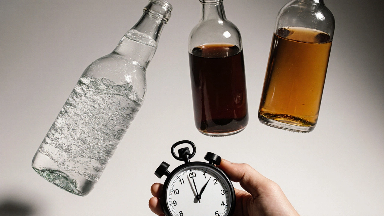 Tři průhledné láhve s různými nápoji visí ve vzduchu, symbolizující výběr mezi CBD, olejem a alkoholem.