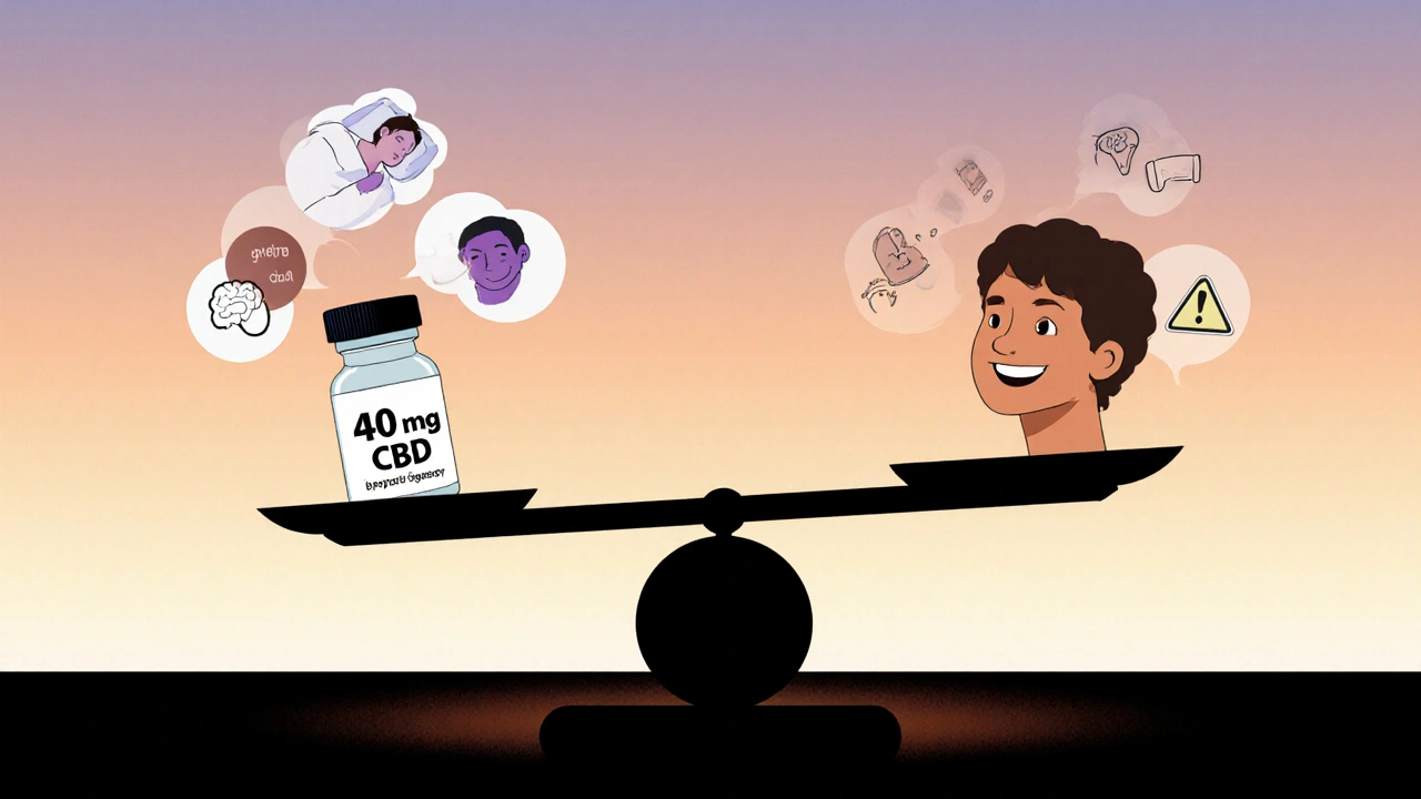 Váha s CBD dávkou a příznaky účinků, znázorňující rovnováhu mezi užitečností a vedlejšími účinky.