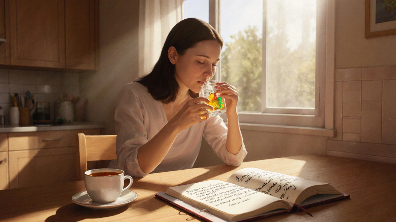 Žena večeří ráno s CBD gumičkou a zaznamenává své pocity do deníku při slunečném světle.