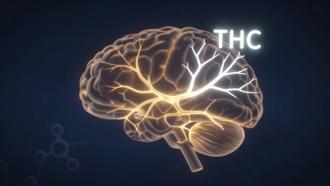 Abstraktní obrázek mozkových receptorů s jemnými zlatými pulzy světla.