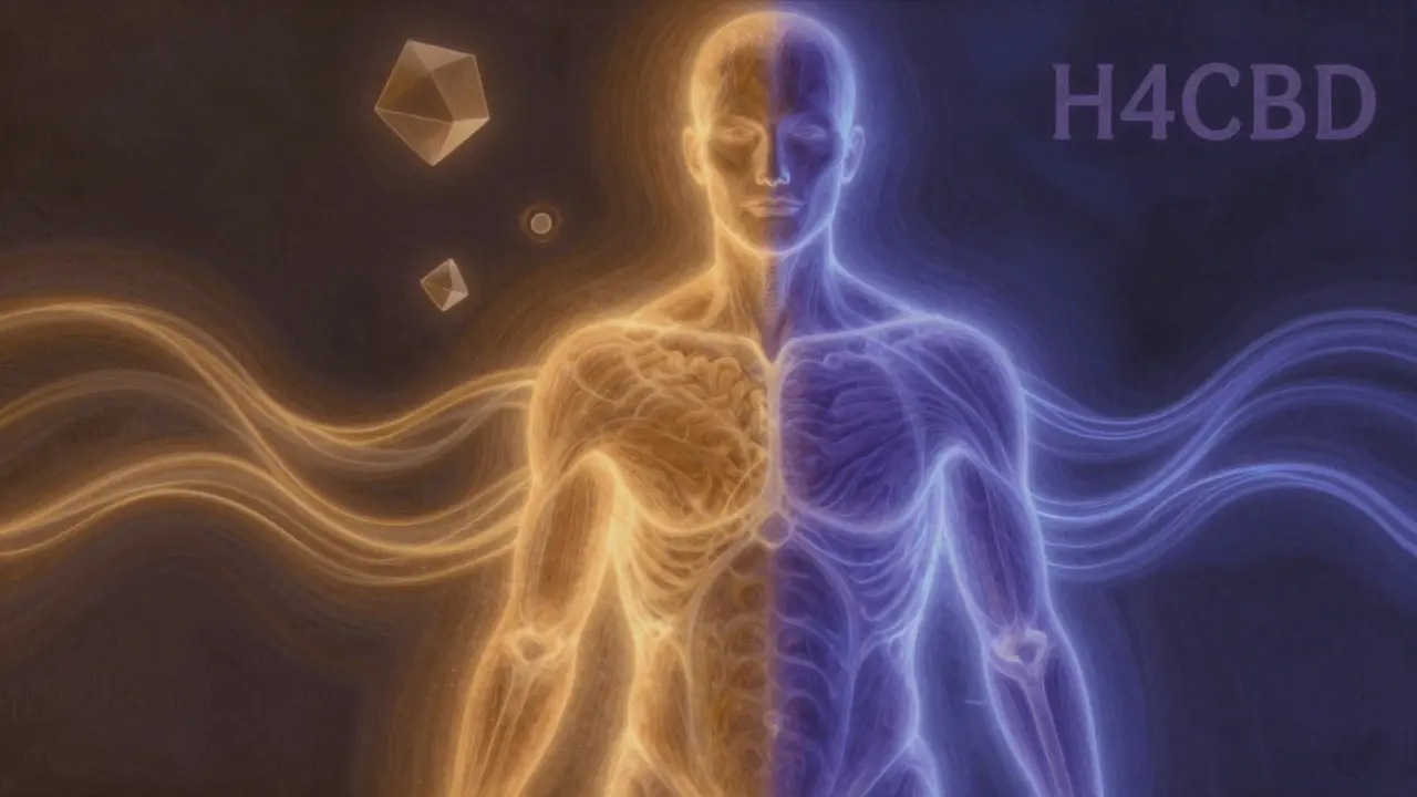 Abstraktní silueta člověka s rozdělenými účinky HHC a H4CBD na tělo a mozek.