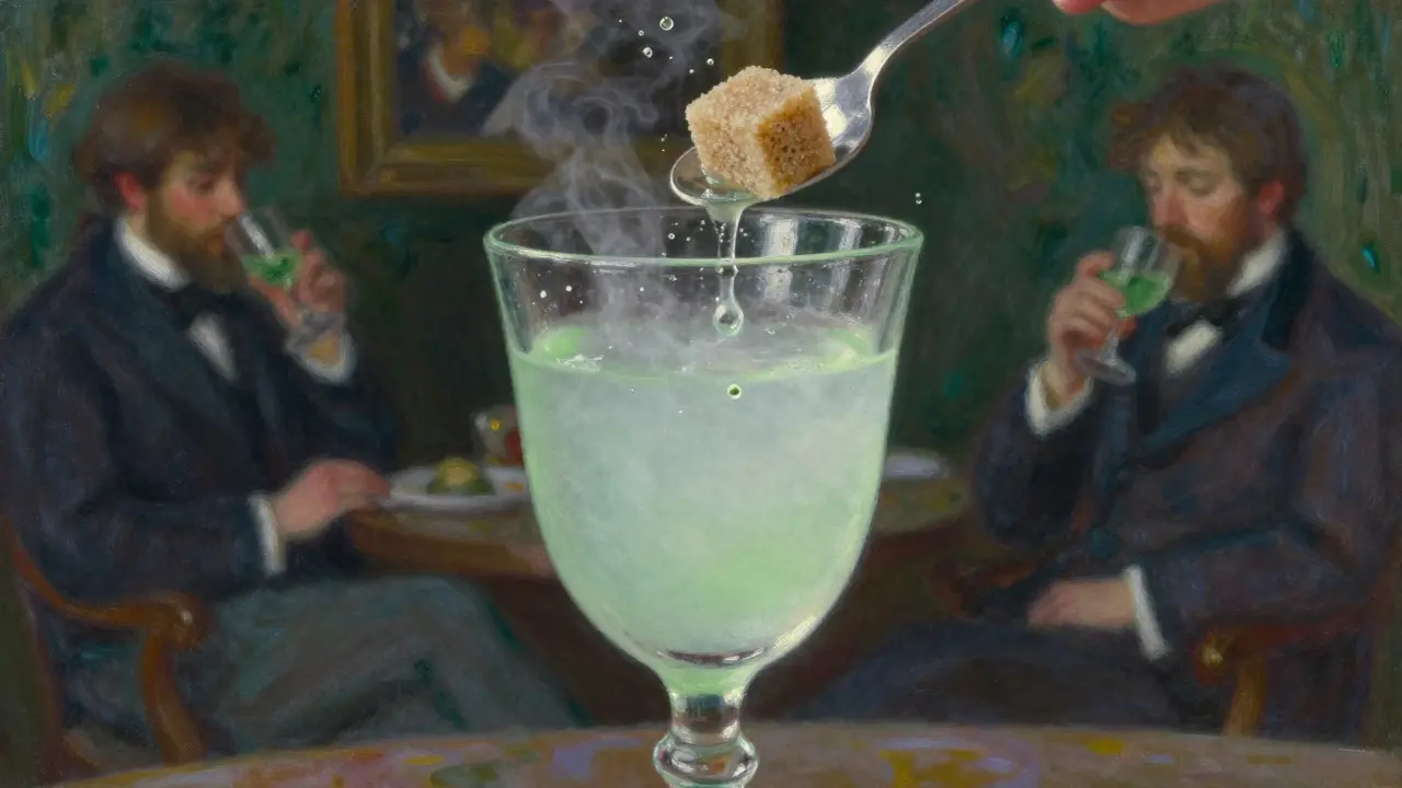 Blízký pohled na absint v okamžiku přeměny z čiré zelené na mléčně bílou barvu při přidávání vody.