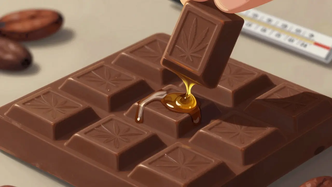 Dokonale lesknoucí se čokoládové tyčinky v silikonových formách pod teplým světlem.