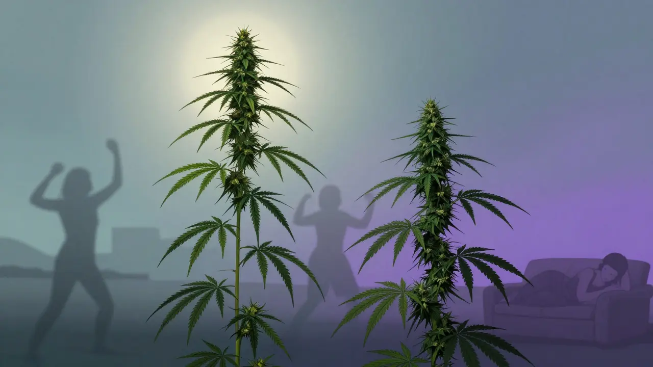 Dvě konopné rostliny — sativa a indica — v kontrastních světelných podmínkách.