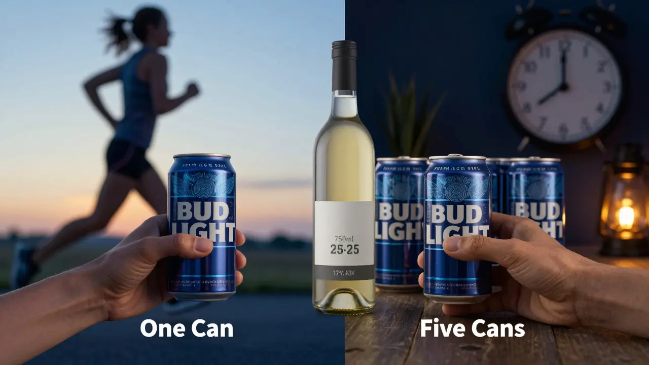 Dvě plechovky Bud Light vedle sebe, jedna označena jako jedna, druhá jako pět, s překryvem láhve vína