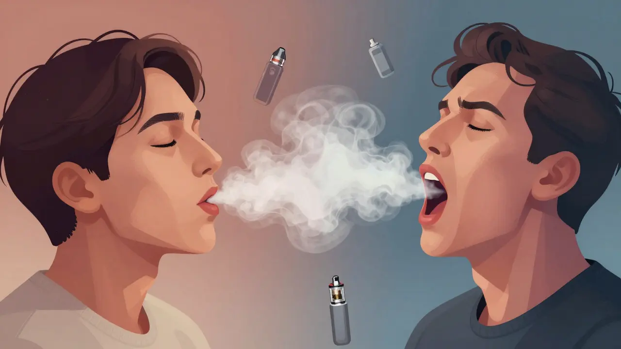 Dvě různé techniky vdychování: MTL s klidným vdechem a DTL s agresivním nádechem, vizuálně kontrastovány.