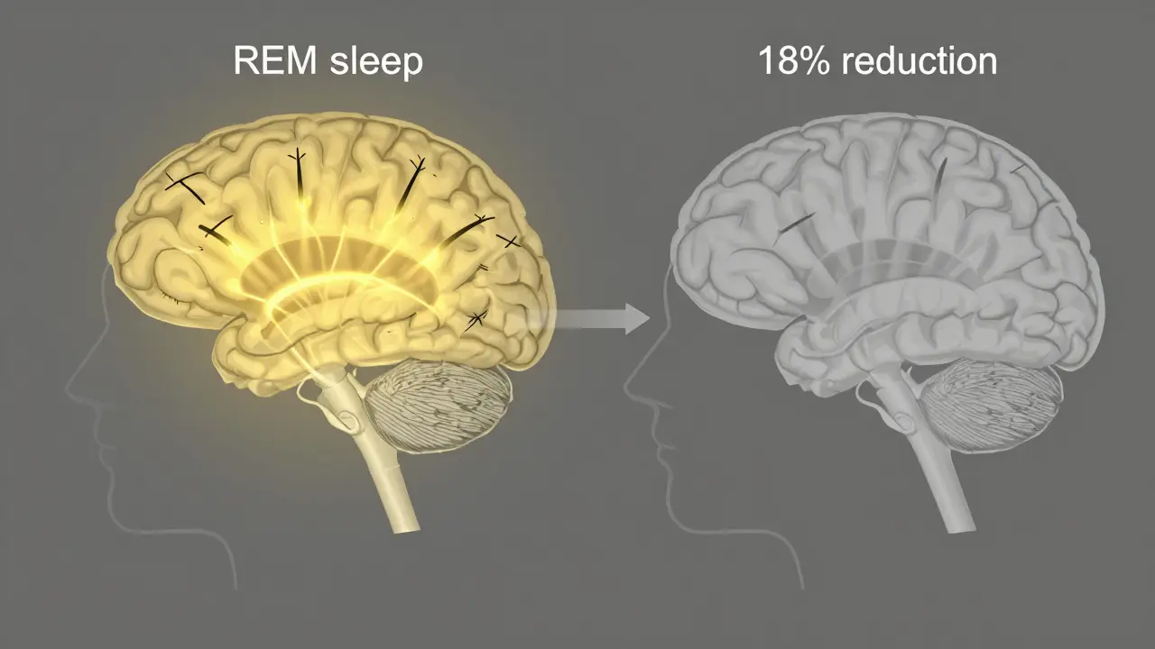 Dvě schematické mozkové profily: jeden s aktivním REM spánkem, druhý s jeho zkrácením pod vlivem CBN.