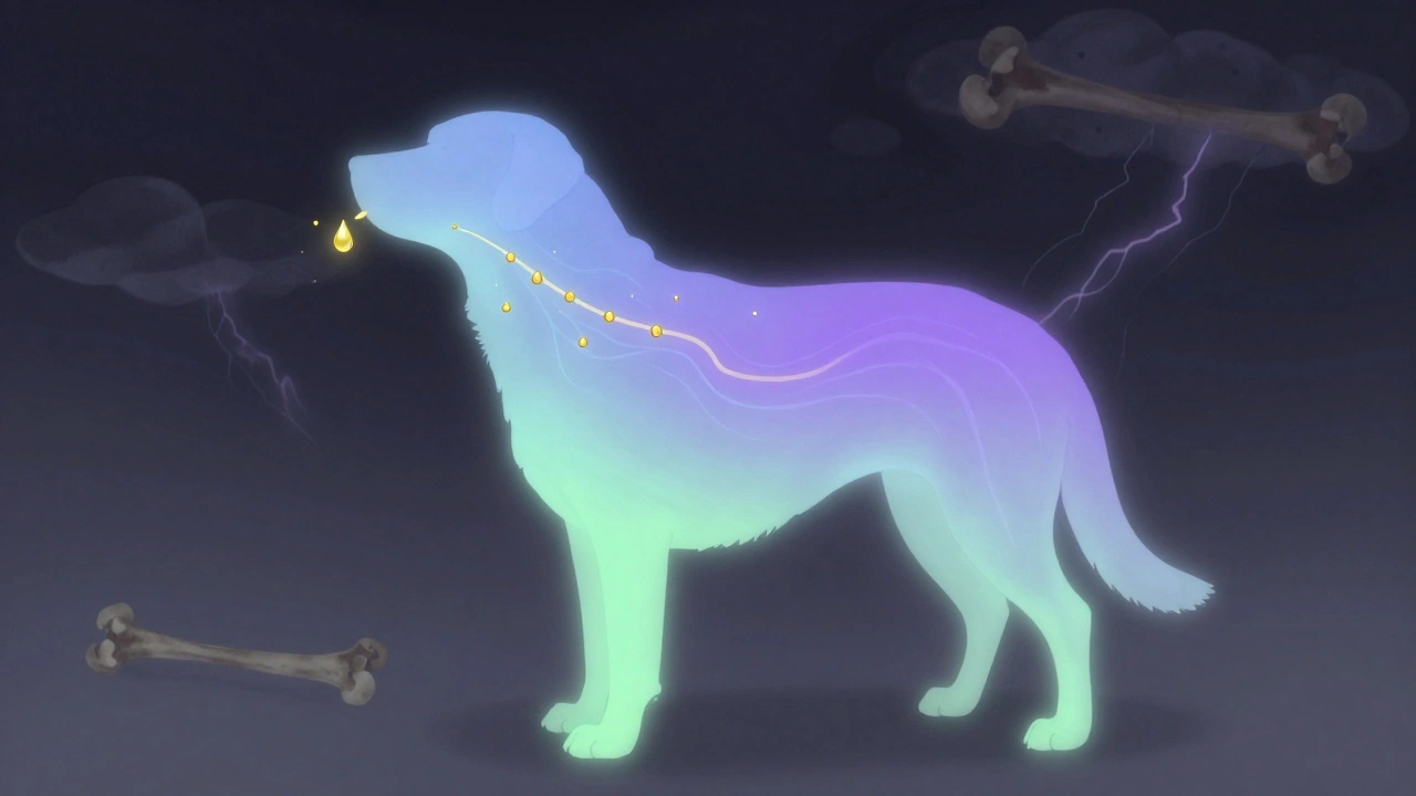 Konceptuální obrázek CBD molekul vstupujících do těla zvířete.