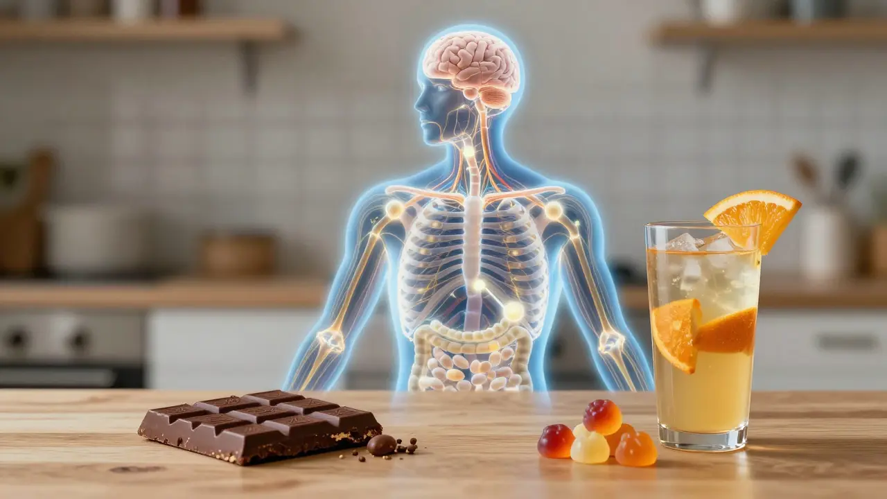 Lidské tělo s osvětlenou endokanabinoidní systémovou sítí interagující s CBD potravinami.