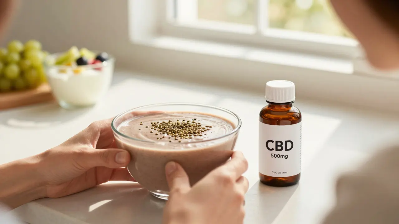 Osoba pije smoothie s konopnými semínky, vedle ní stojí láhev CBD oleje.