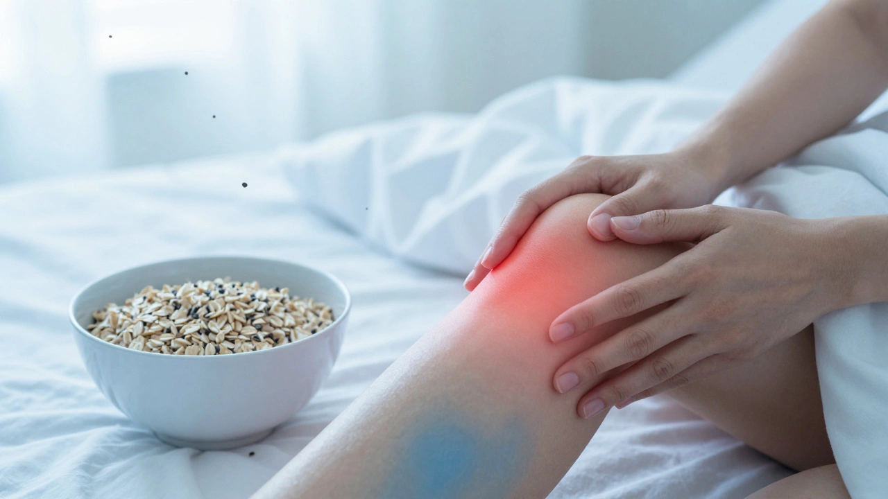 Osoba ráno s konopnými semínky v jídlu, zánět v kloubu se mění v klid.