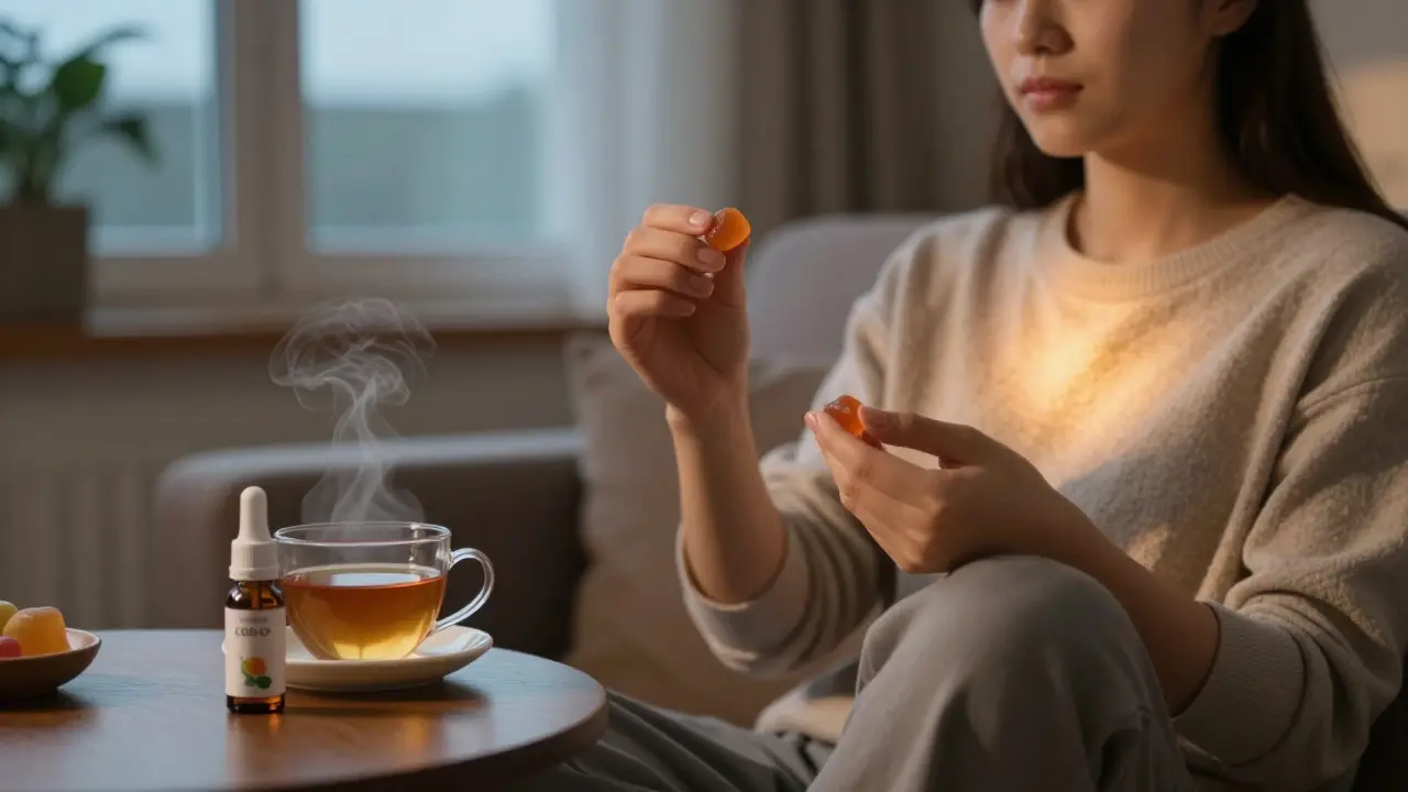 Osoba si vezme gumininku večer na pohovce s CBD olejem na stole