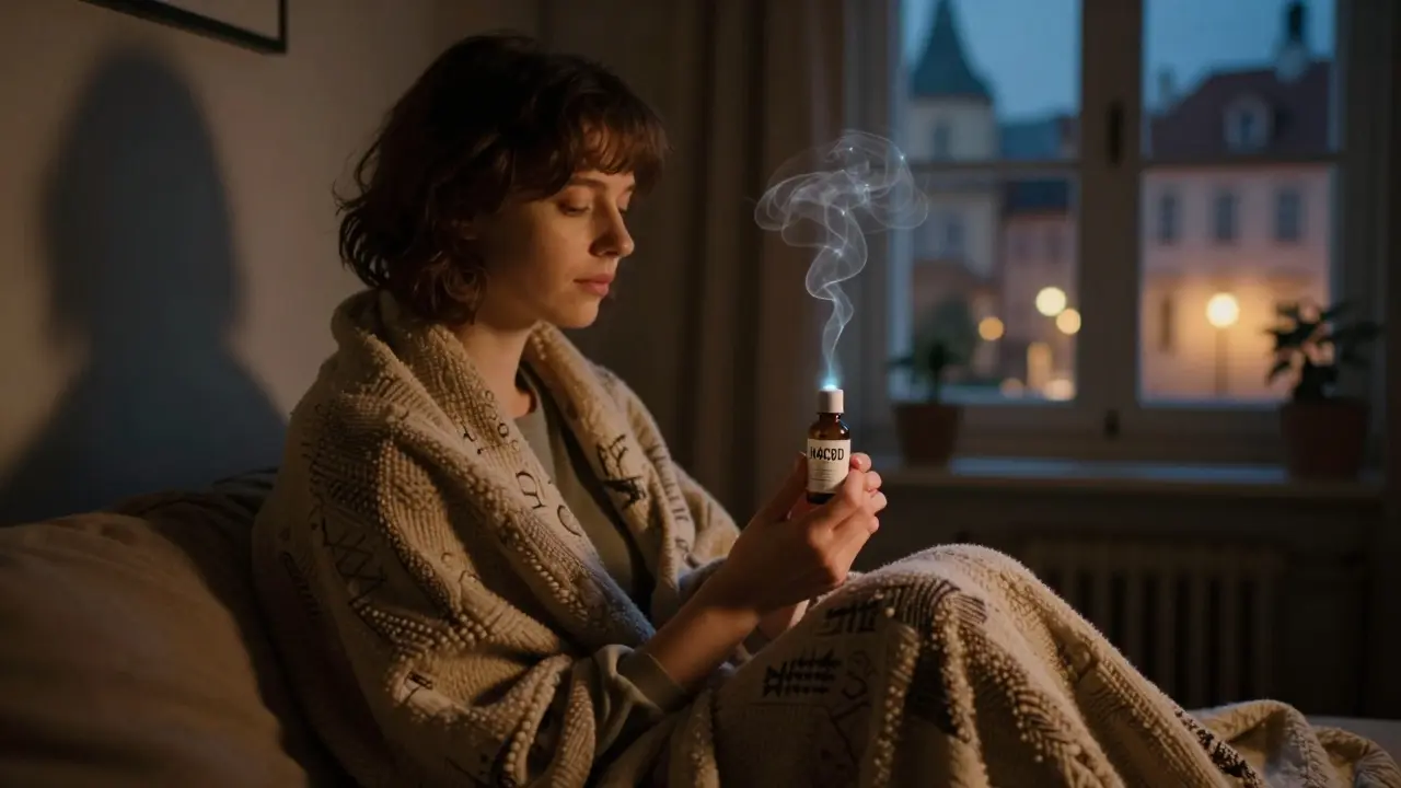 Osoba v klidu s lahvičkou H4CBD ve večerní místnosti s jemným světlem.