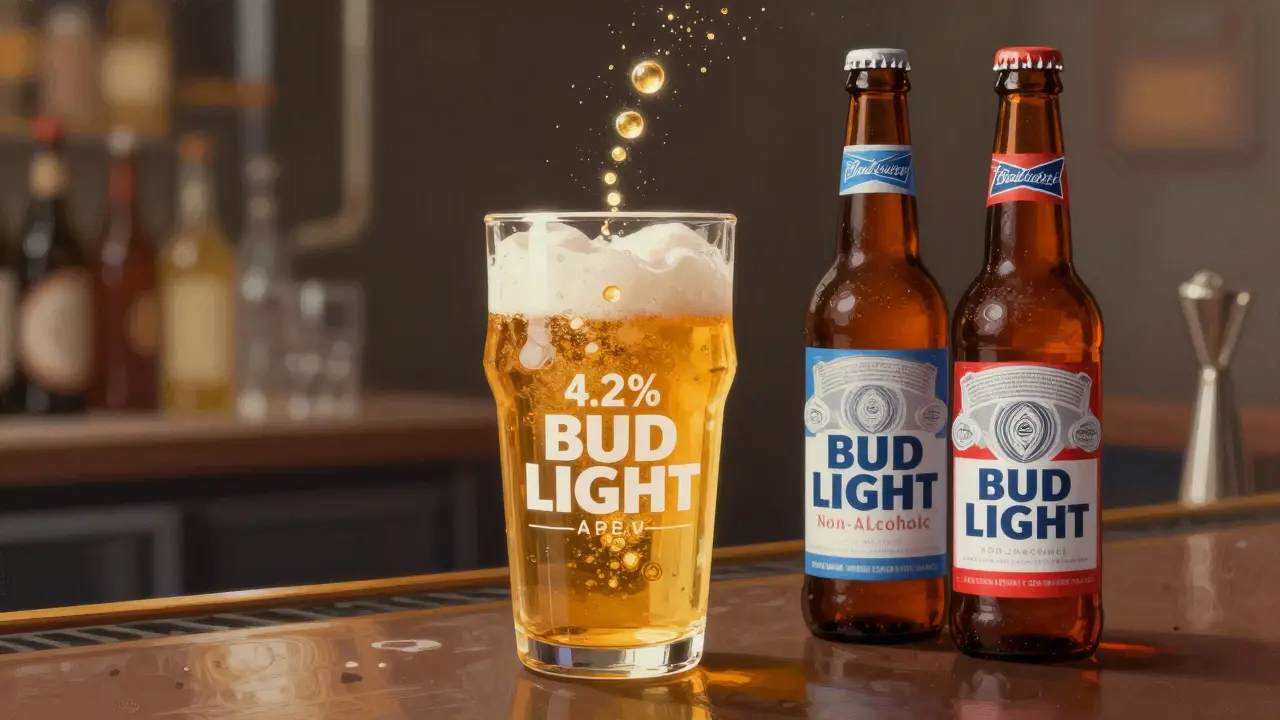 Průhledná sklenice Bud Light s tajemnými molekulami alkoholu stoupajícími z nápoje, vedle jiných piv