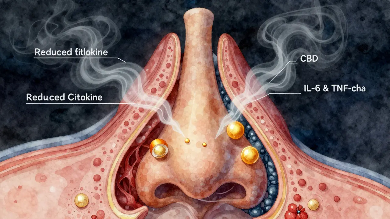 Průřez nosních dutin s CBD molekulami uklidňujícími zánět