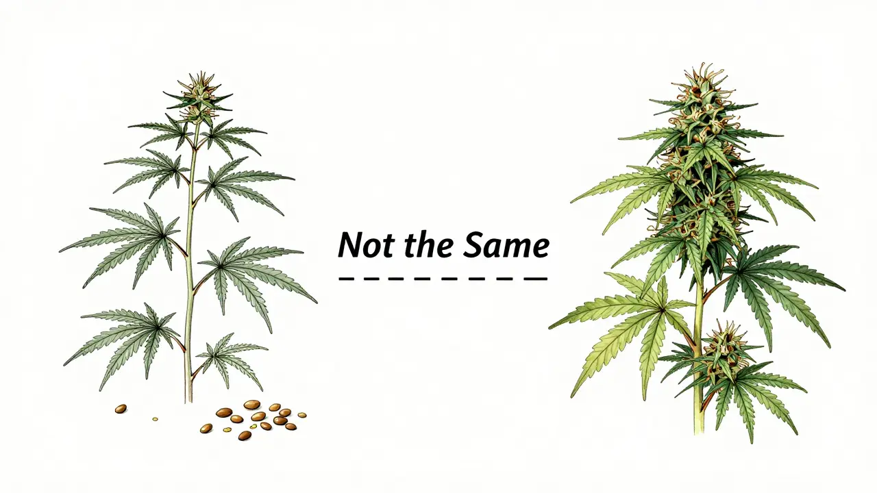Rozdělený obrázek: konopná rostlina s semeny na jedné straně, květy pro CBD na druhé.