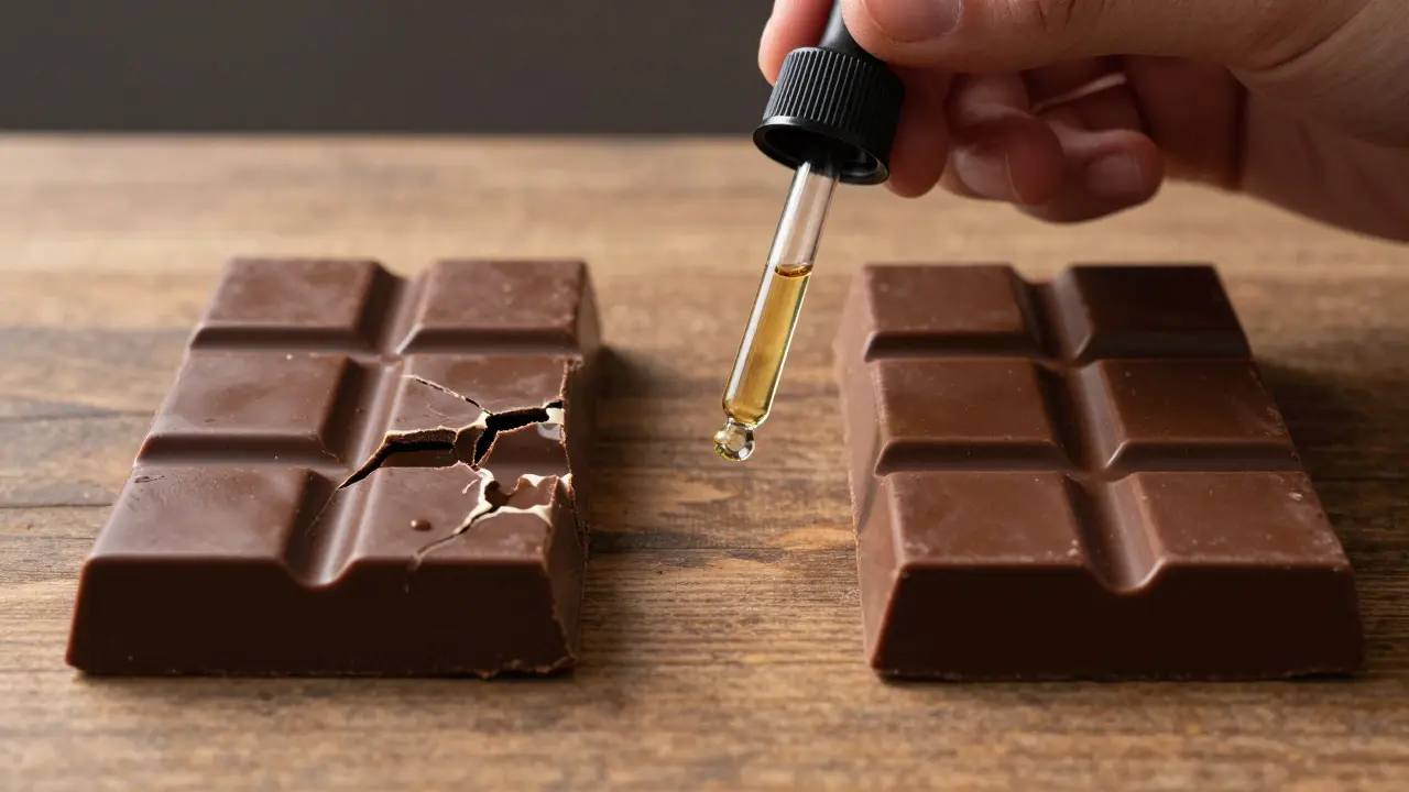 Rozdíl mezi špatně a správně temperovanou čokoládou s konopným olejem na dřevěném stole.