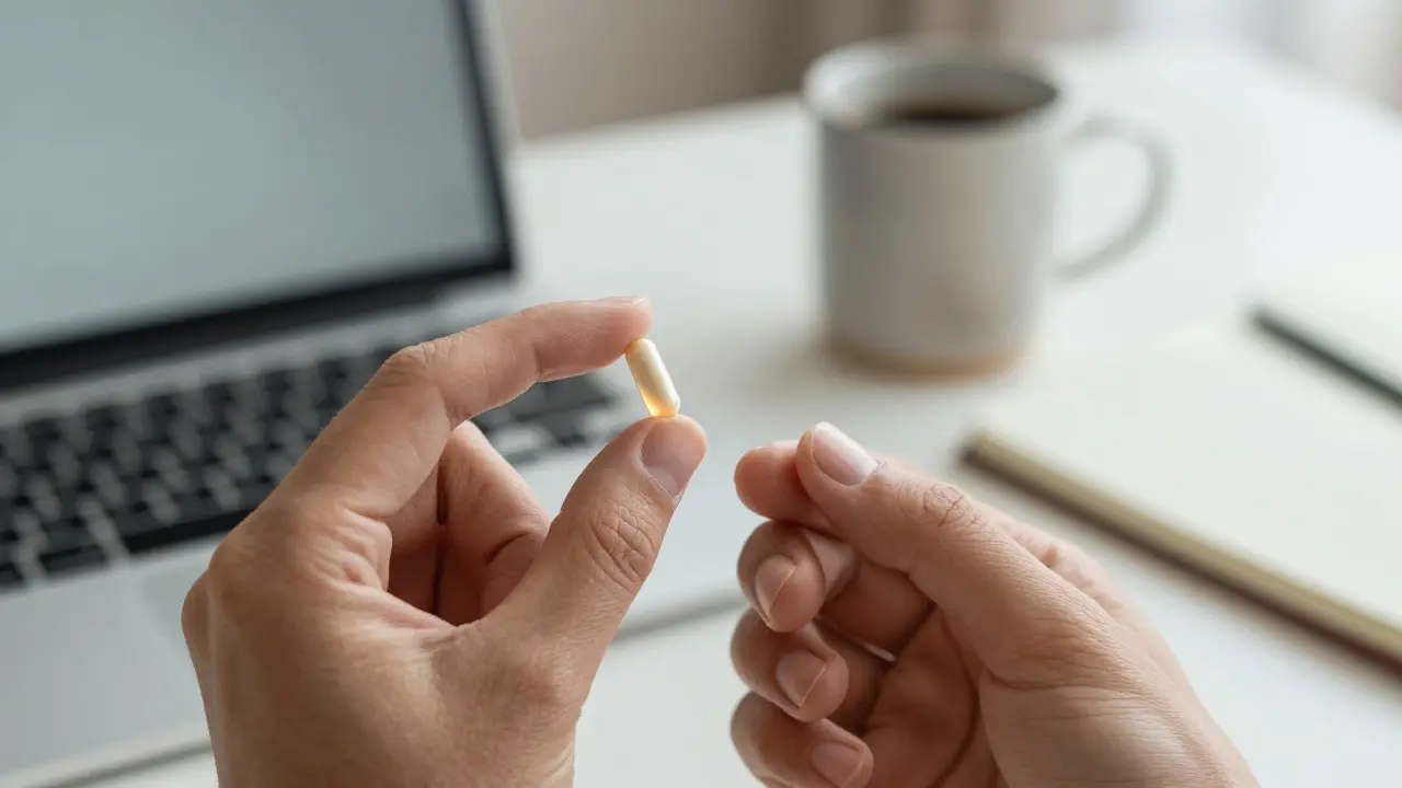 Ruce drží kuličku HHC-O v jemném světle, za nimi pracovní prostředí.