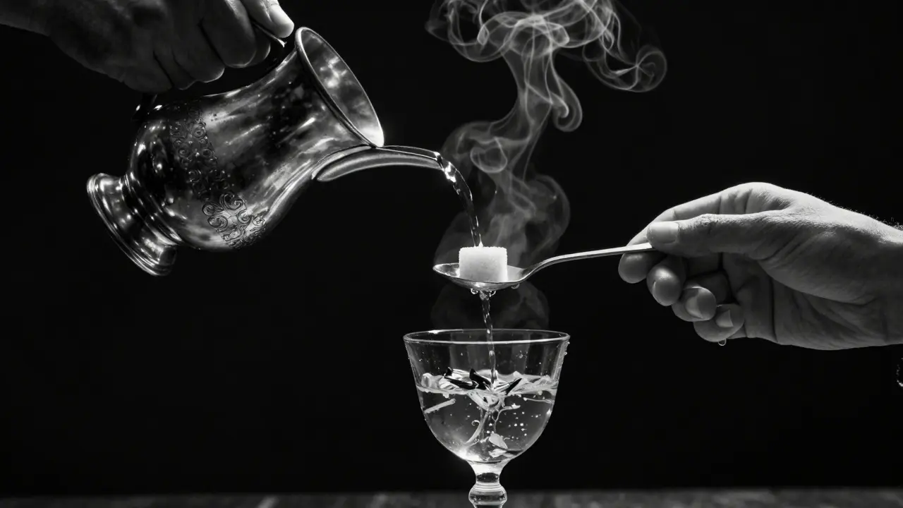 Ruky provádějící rituál přípravy absintu v temném prostředí, pouze kapky vody a sklenice osvětlené.