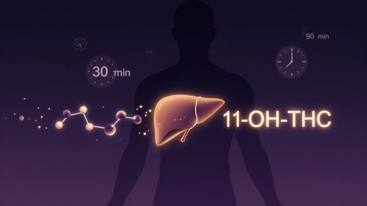 Silueta lidského těla s grafickým znázorněním přeměny THC na 11-OH-THC v játrech.