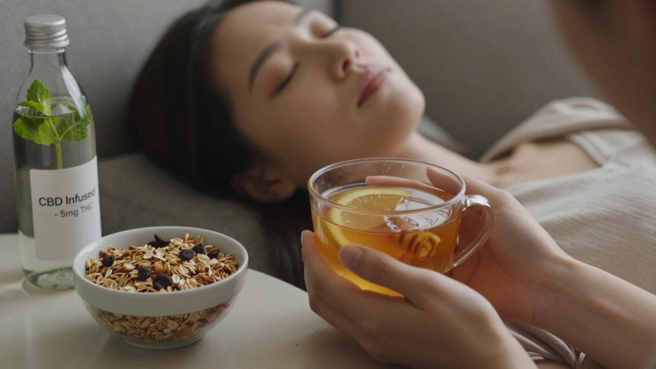 Teplý čaj s zázvorem a citronem na klidném pohovce s granolou a vodou.