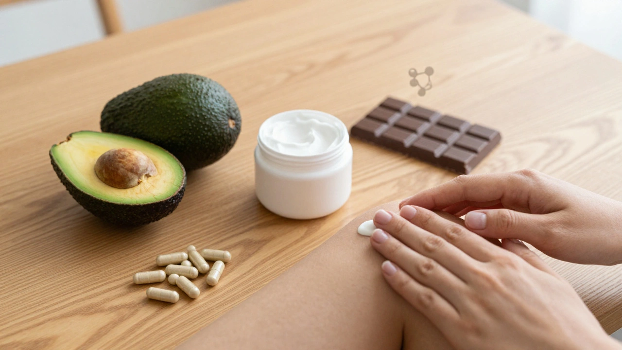 Tři formy CBD na stole: kapsle s avokádem, krém na koleno a čokoláda.