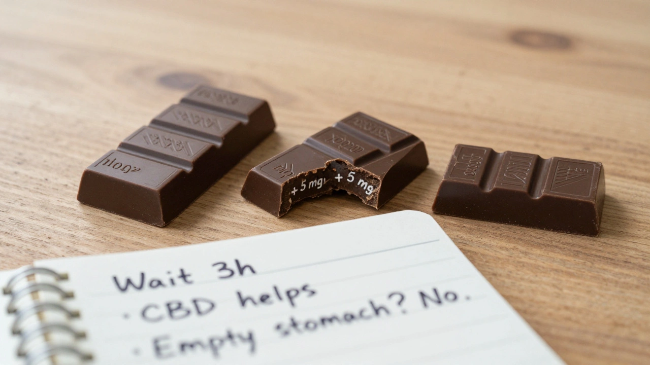 Tři kousky čokolády s THC na stole vedle poznámek o bezpečném užívání.