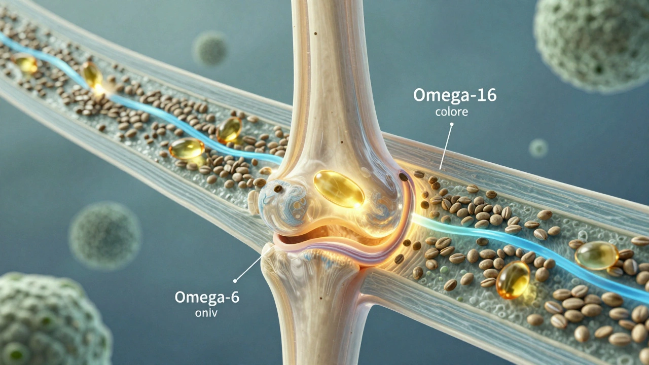 Vědecká ilustrace kloubu s molekulami mastných kyselin tlumícími zánětlivé signály.