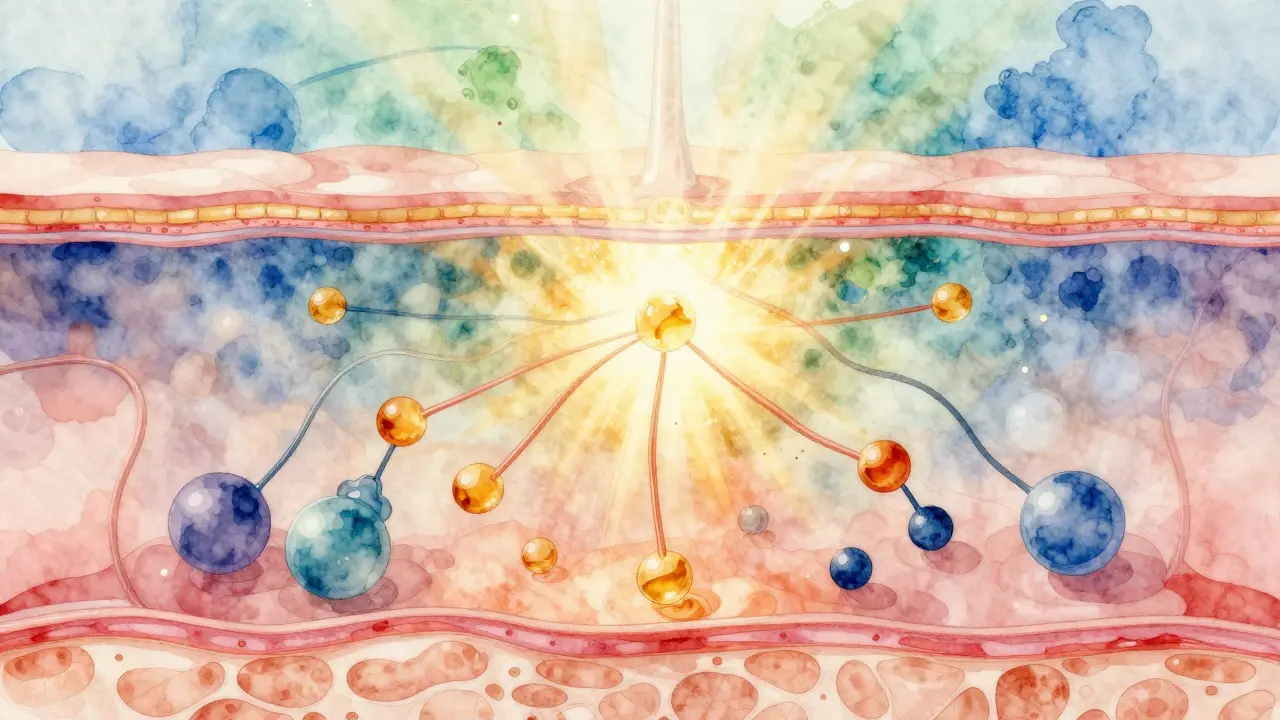 Vnitřní vrstva kůže s CBD molekulami ovlivňujícími receptory zánětu.