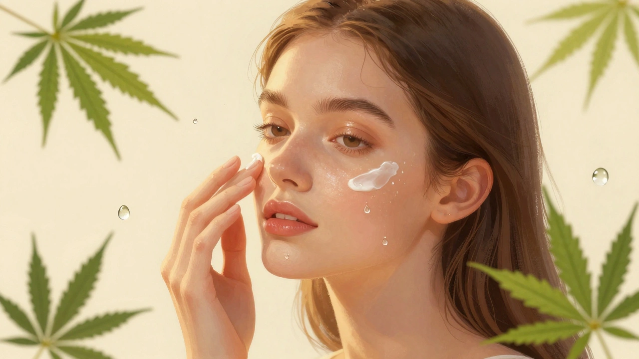 Žena aplikuje CBG krém na obličej s přírodními prvky