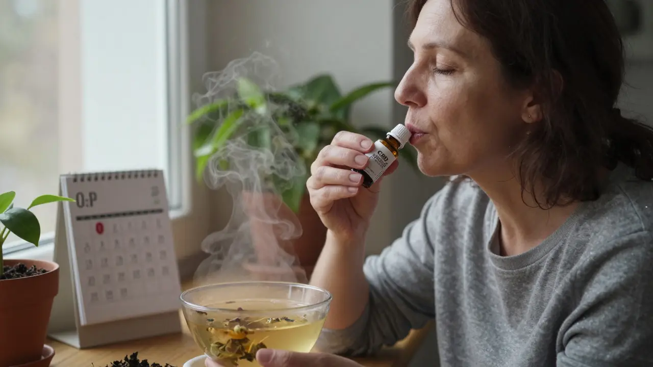 Žena u okna užívá CBD olej pod jazyk při páření