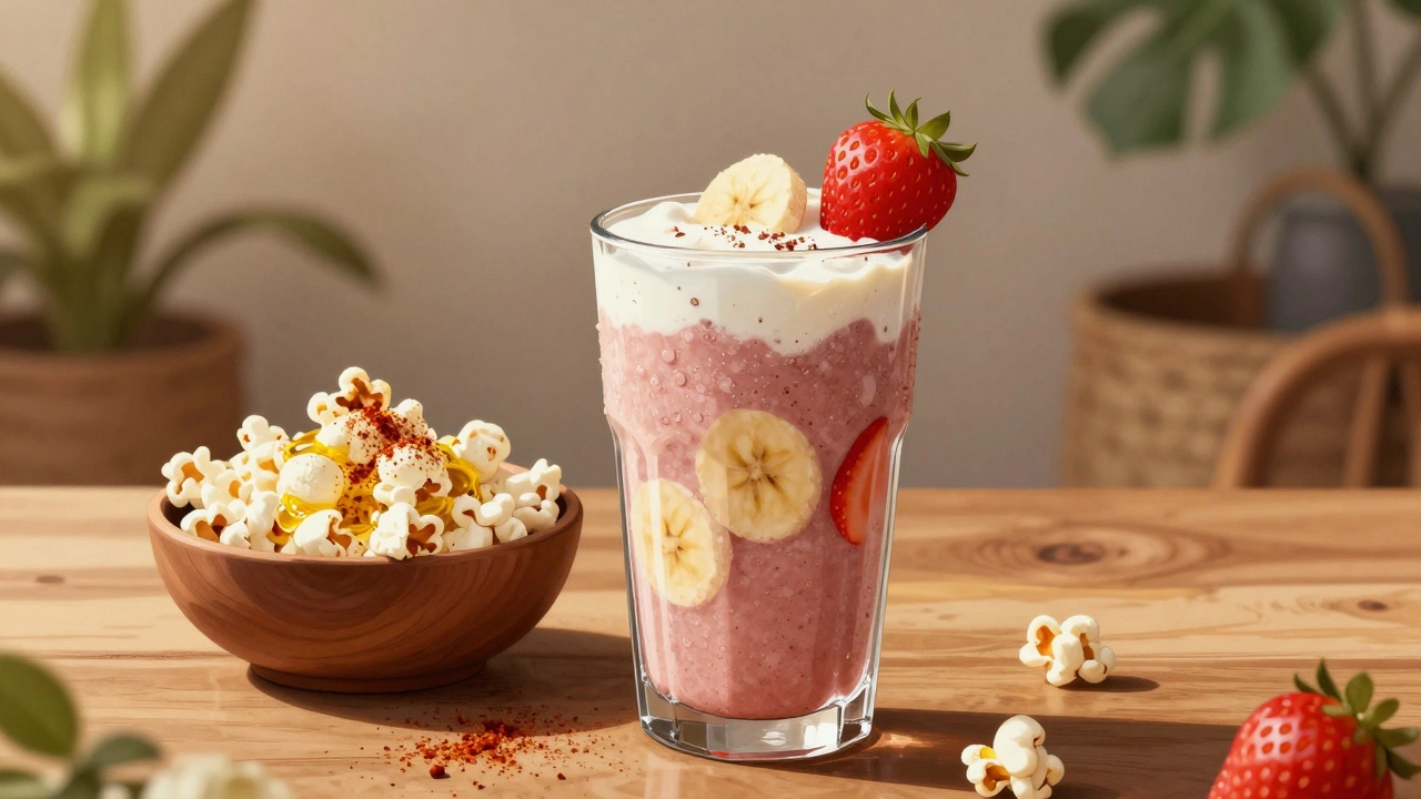 Živý ovocný smoothie s jahodami a banánem vedle domácího popkornu.